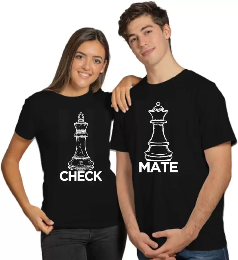 Check Mate Half Sleeve Couple Black T-Shirt - Men-M / Women-S
